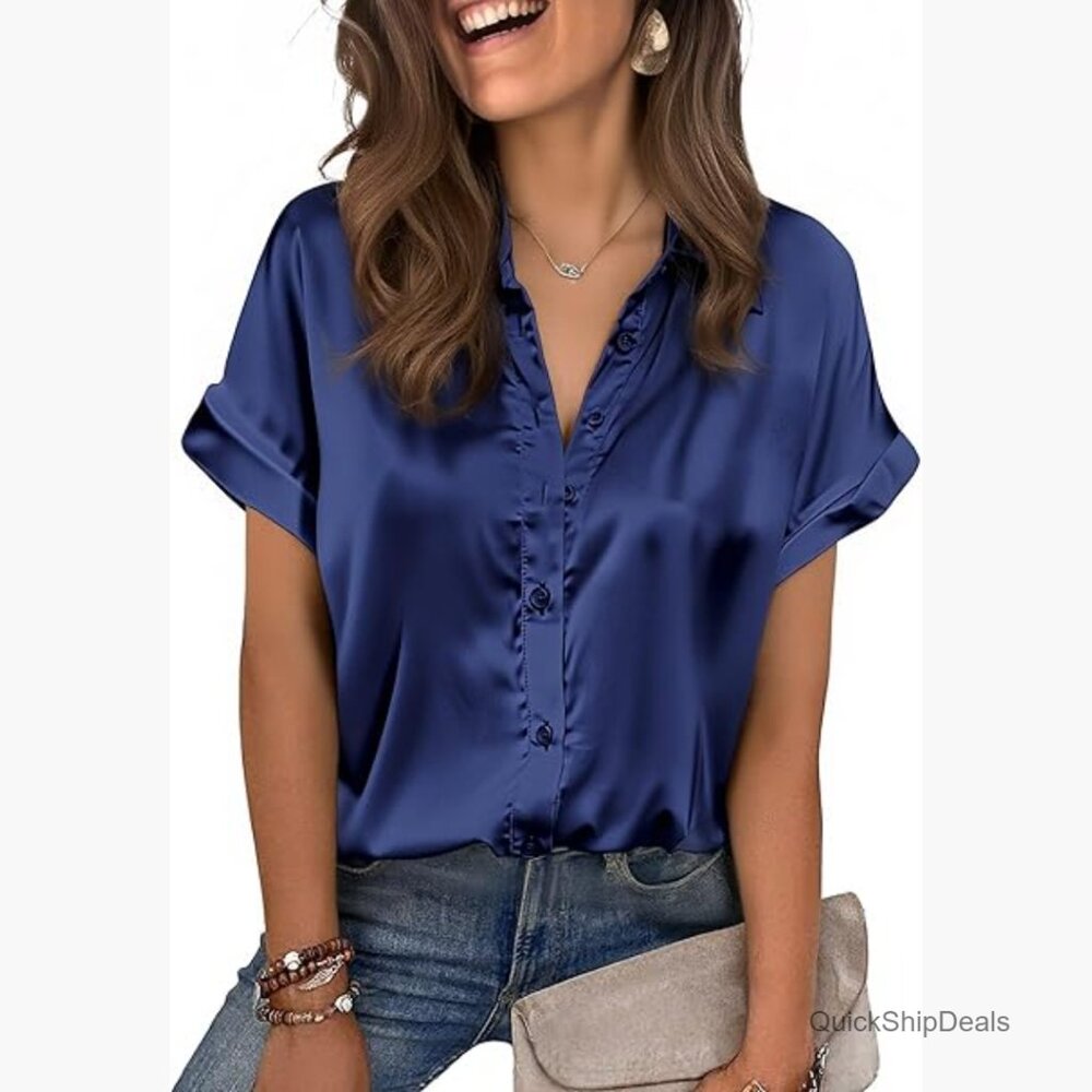 Satin Button Down Shirt Short Sleeve Business Casual Top